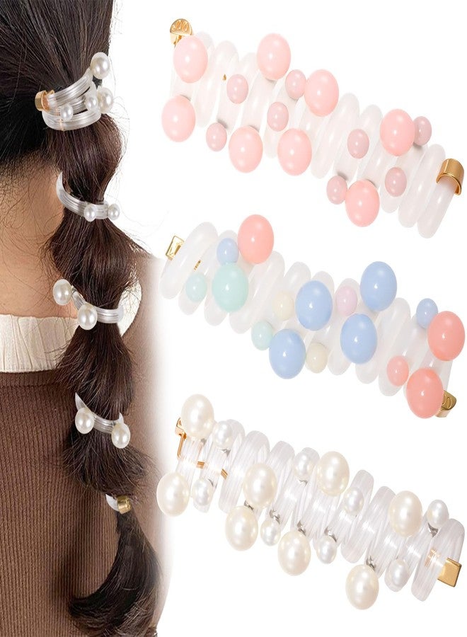 SmallCat 3PCS Spiral Hair Ties with Beads, Pearl Phone Cord Shape Hair Bands, Elastic Rubber Ponytail Holders for Women, No Crease Hair Accessories for Long Curly Hair - Colorful, Pink, White Beads - Image 1